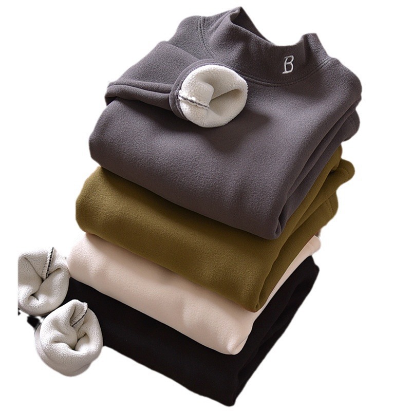 Picture of Boys' Velvet Autumn and Winter Half-high Collar Warm Clothes Winter fleece-lined Thickened Children's Solid Color Base Shirt for Boys