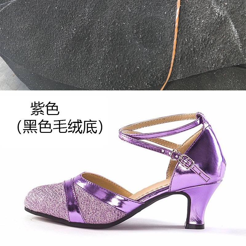 Picture of Adult purple Latin dance shoes women's closed toe mid heel soft bottom dance shoes square dance ballroom dance shoes outdoor rubber sole