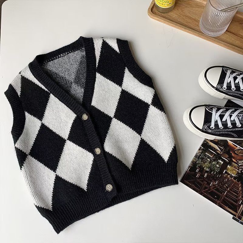 Children's Knitted Vest Boys' Baby Diamond Plaid Sweater Children's Knitted Vest 2024 Spring and Autumn New Outfit
