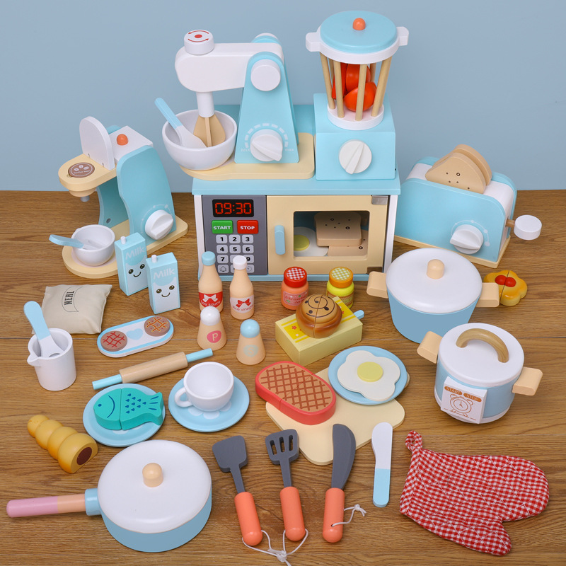 Picture of Children's Educational Toys Wooden Simulation Play House Kitchen Toy Set Coffee Machine Bread Machine Microwave Oven Toy