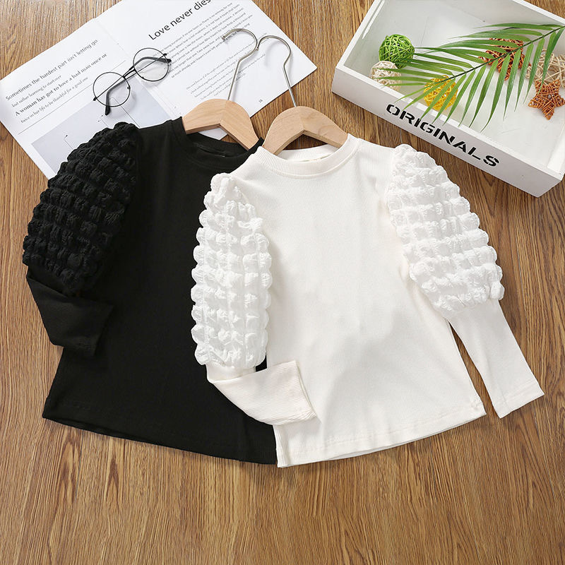 Girls' Base Shirt Spring and Autumn 2024 Half-High Collar Puff Sleeve Thickened Children's Long-Sleeve T-Shirt Baby Girl Top Cross-Border