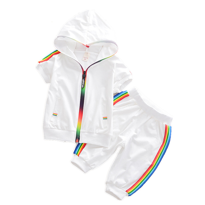 Picture of Korean-style New Boys and Girls Sports Suit Summer Short-sleeved Baby Hooded Zipper Shirt Black and White Two-piece Fashionable Suit