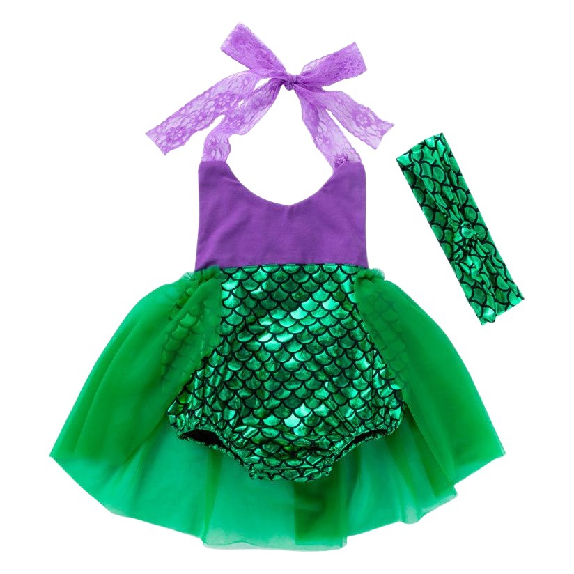 Baby Summer Mermaid Lace Suspender Dress 0-3 Years Old Cut Out Bellyband Skirt Hair Accessories Set Wholesale