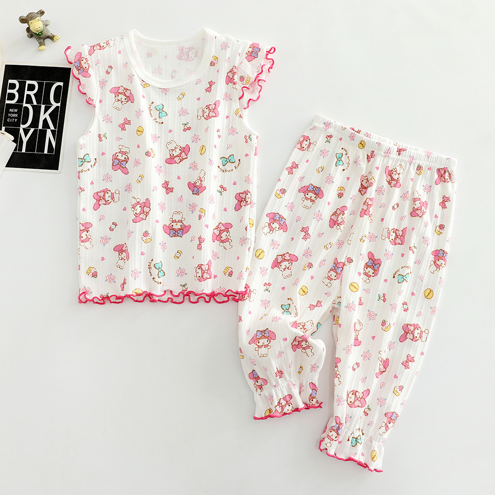 Picture of Children's short sleeve cropped pants set pure color female baby air conditioning home clothing 100 cotton thin bottoming shirt wholesale