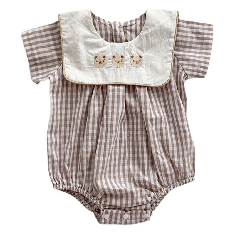 Korean Baby Jumpsuit Plaid Preppy Style Lapel Embroidered Bear Bag Fart Clothing Newborn Short-Sleeved Full Moon Outing Clothing