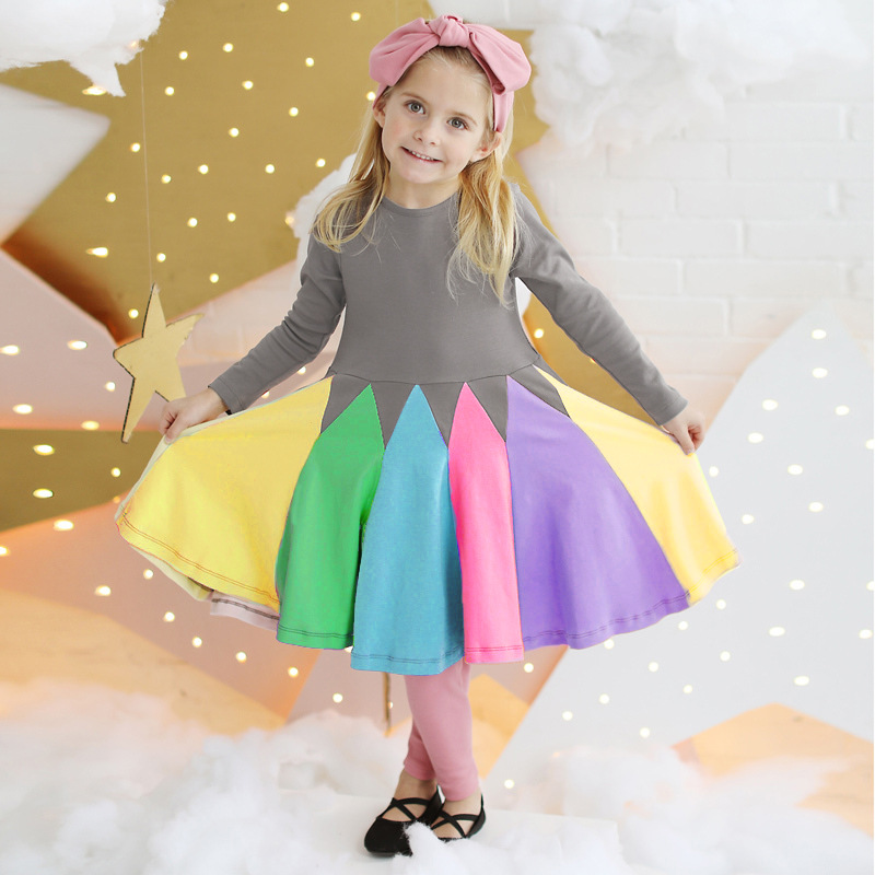 Girls' Dress New Style Color Matching Children's Long-Sleeved Rainbow Princess Dress
