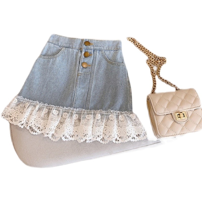 Girls denim skirt Korean denim stitching lace skirt denim skirt spot a generation of hair