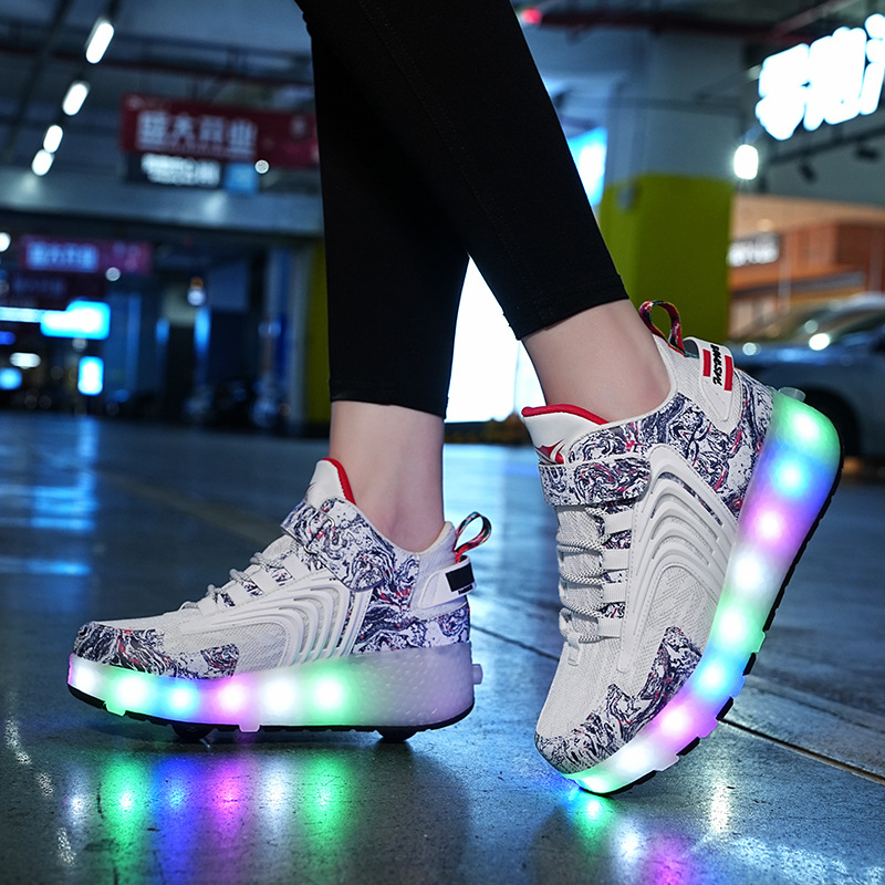 Cross-border foreign trade helos shoes LED ultra-light luminous charging pulley two-wheel light shoes for boys and girls ice skates invisible