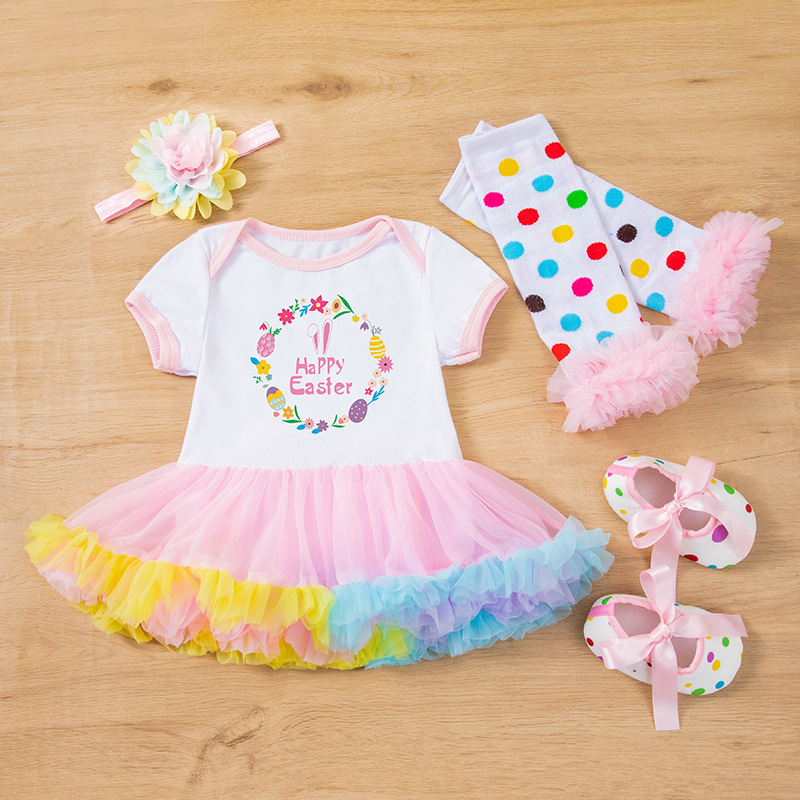 Picture of Children's Clothing Baby Easter Party Dress up 4-Piece Set Printed Letter Egg Four-Color Robe Dress Baby Girl