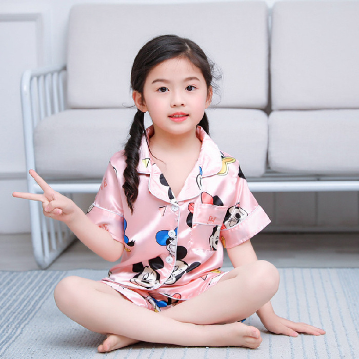 Picture of European and American Foreign Trade Children's Silk Cute Cartoon Pajamas Summer Short-sleeved Loose High-elastic Satin Home Clothes for Boys and Girls
