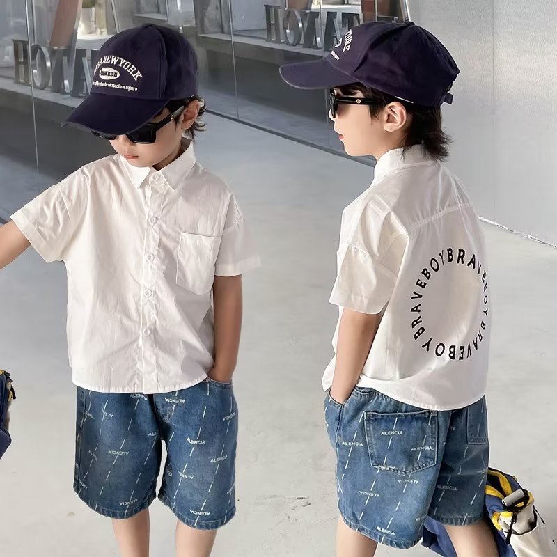 Picture of 2024 boys' shirt summer short-sleeved T-shirt middle and big children's shirt thin handsome trendy cool boys' all-match printed children's clothing
