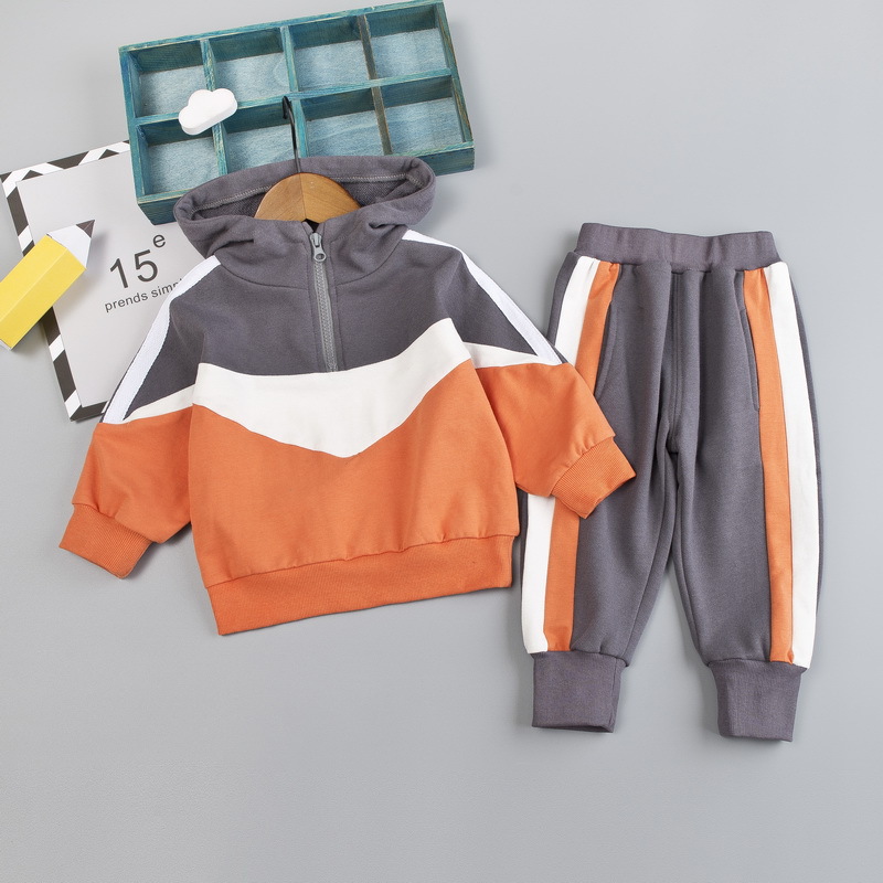 Picture of New Spring and Autumn Children's suit children's hooded long-sleeved sweater stitching zipper pullover ankle-tied trousers two pieces