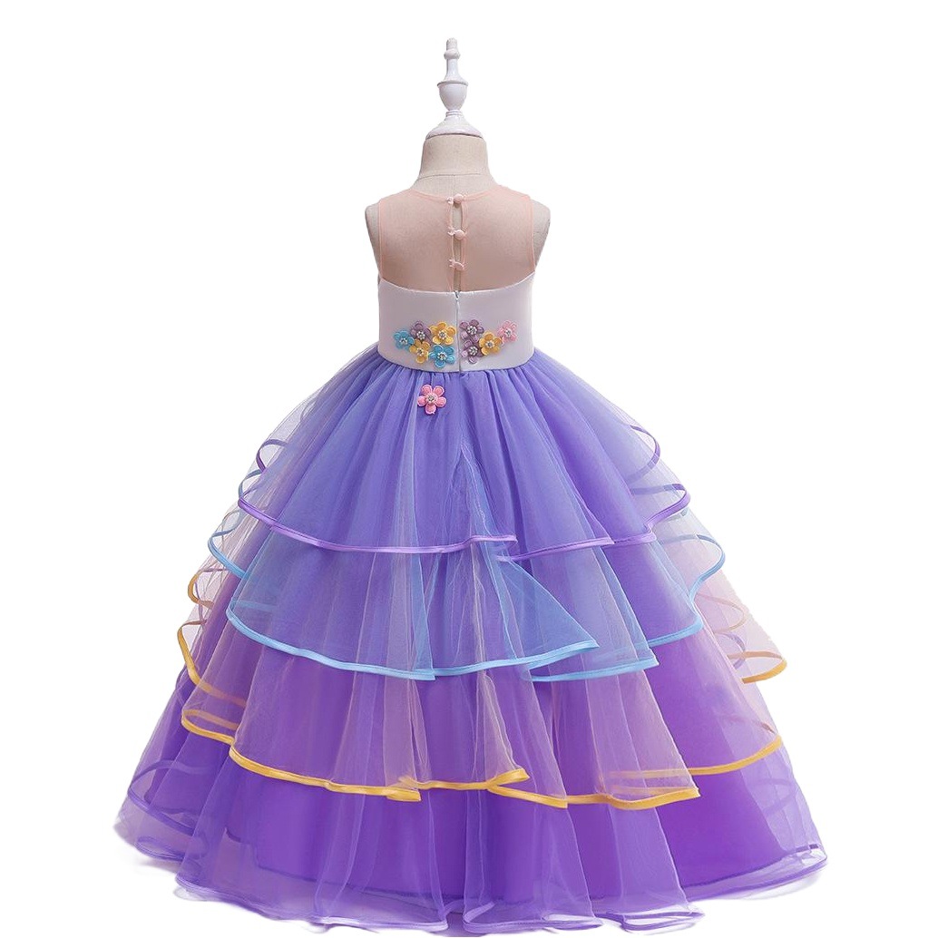 2024 Older Children's Long Dress Colorful Mesh Cake Puff Skirt Unicorn Princess Dress Holiday Performance Dress