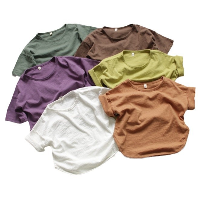 Picture of Spring Pure Color Kidsren's Bottoming Shirt Korean Style Girls T-Shirt Round Neck Loose Boys Summer Top Short-Sleeved Cotton Dropshipping