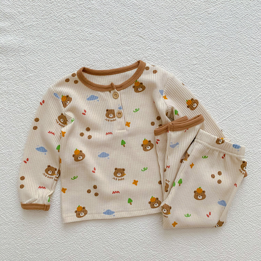 Picture of Children's Pajamas Girls' Home Clothes Boys' Cartoon Pure Cotton Waffle Suit Korean peekaboo Sleepsuit