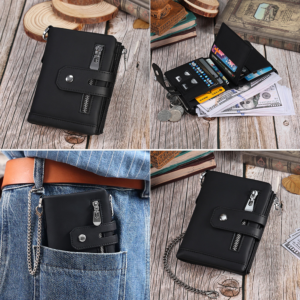 Picture of Cross-Border Multifunctional Men's Coin Purse with Chain, Multiple Card Slots, Retro Large-Capacity Card Holder, Genuine Leather Vertical Wallet