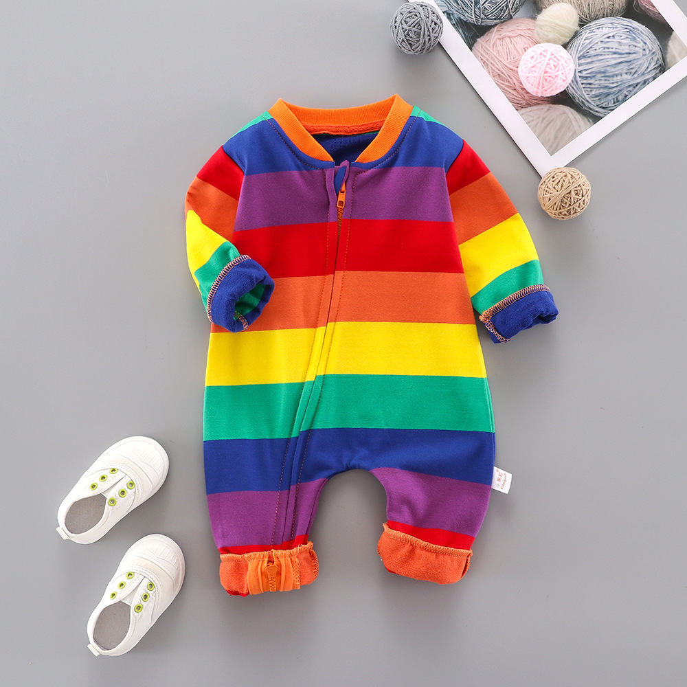 Picture of Infant Jumpsuit Spring & Fall Threaded Collar Long-Sleeved Stripesd Rainbow Zipper Shirt Outwear Baby Jumpsuit 0-1