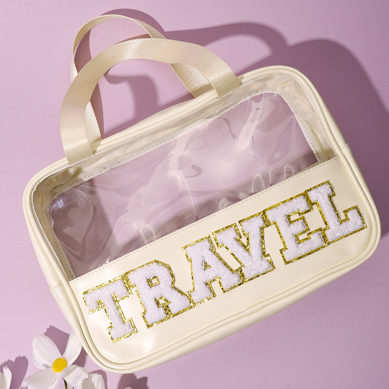 Cross-border new embroidered letters cosmetic bag pvc stitching transparent storage bag large capacity wash bag factory direct sales