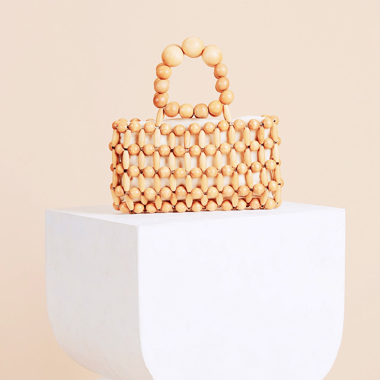 Antique New Ins Same Style Hand-Woven Girl's Self-Natural Wooden Bead Handbag Vintage Bamboo Woven Bag Beach Bag