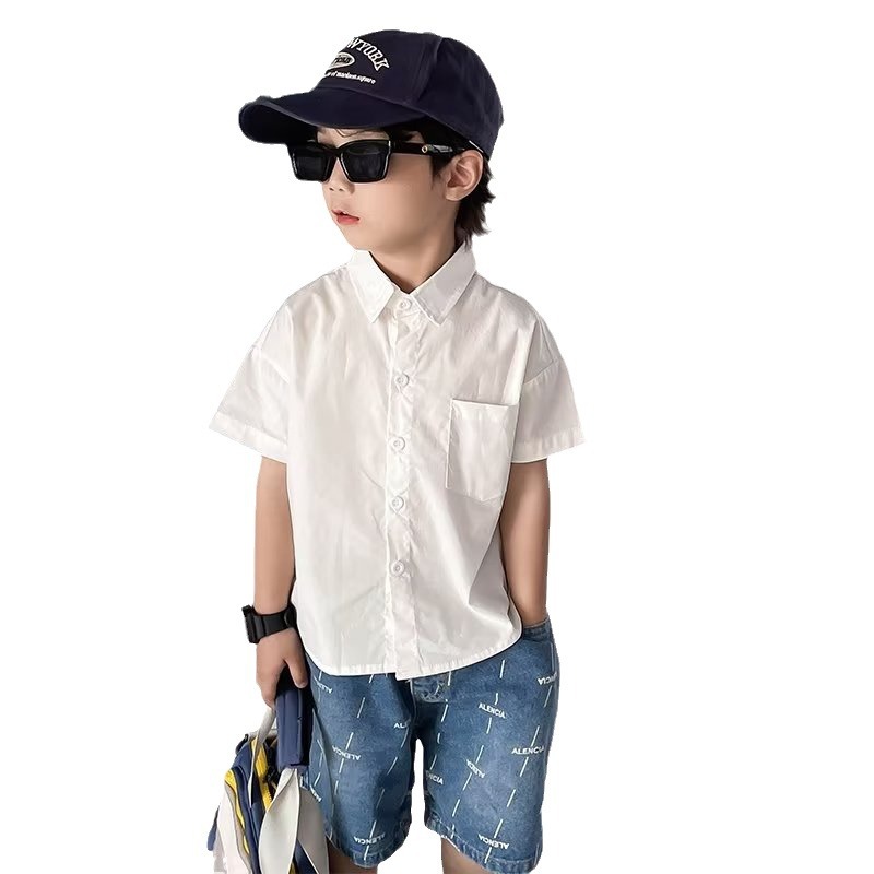 Picture of 2024 boys' shirt summer short-sleeved T-shirt middle and big children's shirt thin handsome trendy cool boys' all-match printed children's clothing