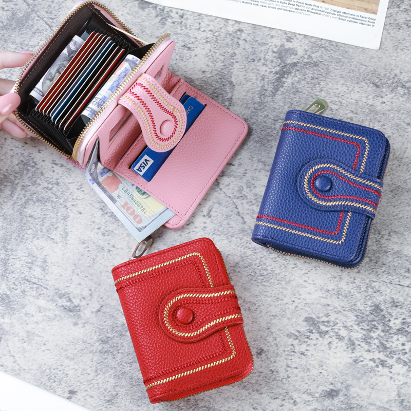 Picture of New Korean Women's Short Bag Zipper Buckle Wallet Lychee Embroidered Solid Color Coin Purse ID Card Bag