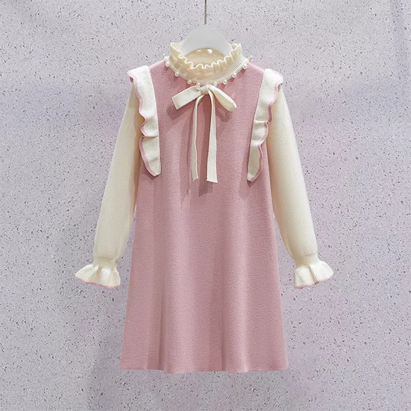 Picture of Girls Dress Autumn and Winter New Sweet Pearl Neck Sweater Dress Children's Fashionable Knitted Sweater Dress