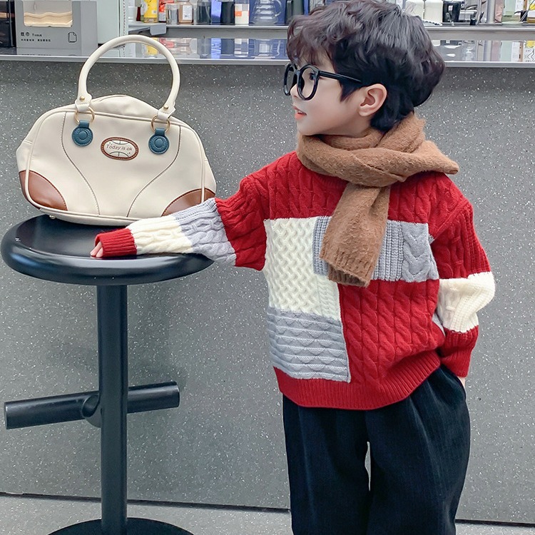 2023 boys' sweater autumn and winter children's thickened pullover New Year greeting clothes Western style winter clothes handsome top
