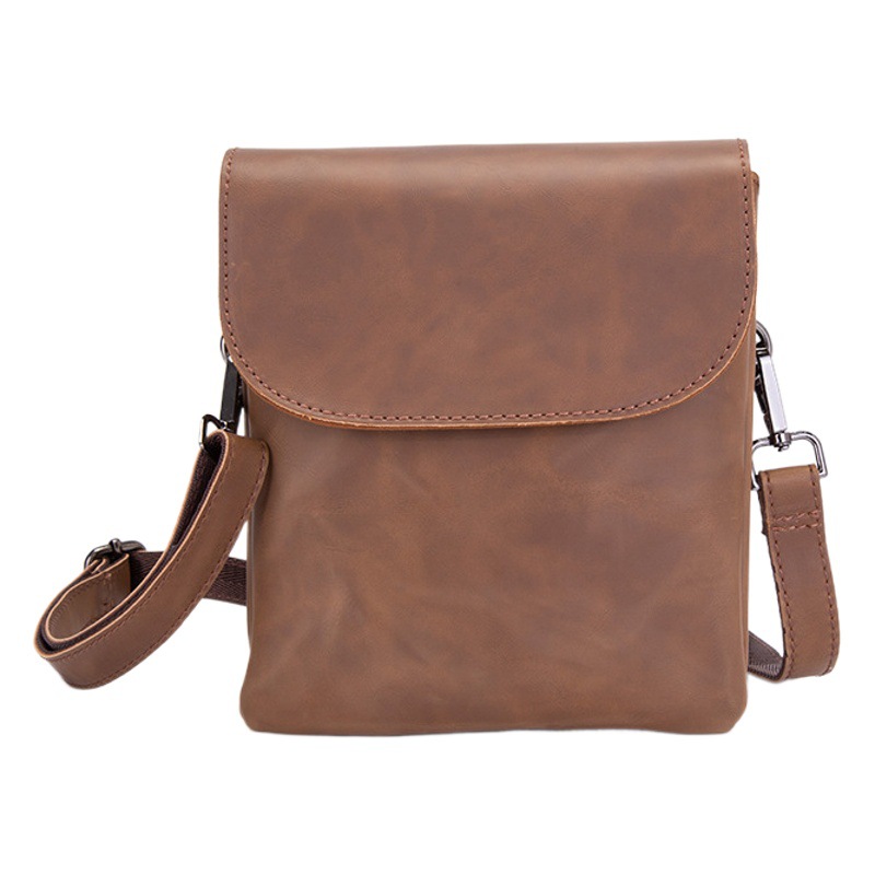 New Double Pocket Crazy Horse Leather Korean Men's Bag Men's Bag Casual Backpack Fashionable Small Bag Shoulder Crossbody Bag