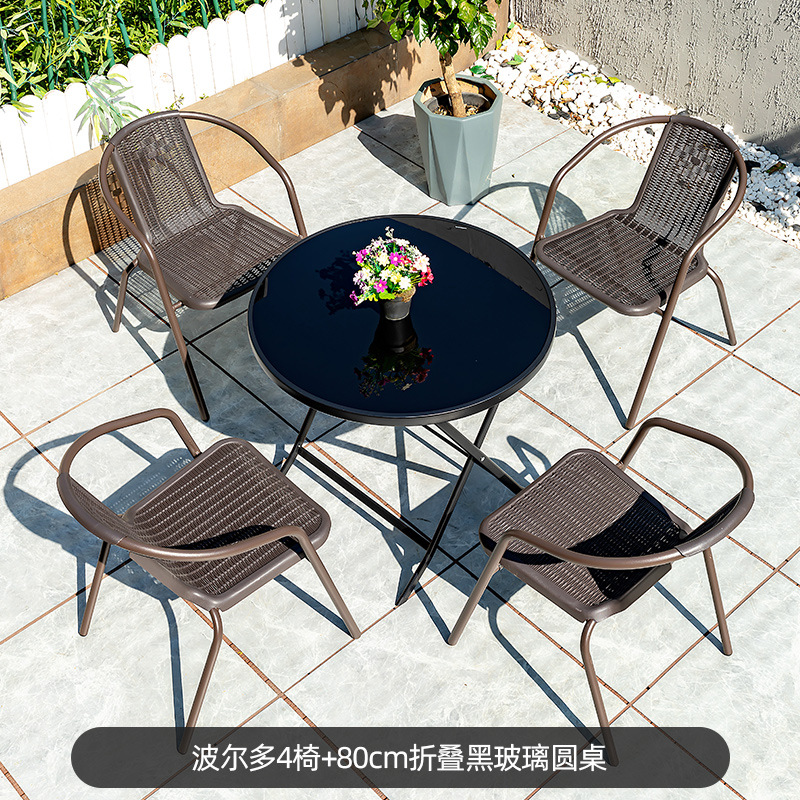 Picture of Outdoor Courtyard Table and Chair Rattan Chair Outdoor Leisure Three-piece Set Garden Terrace Wrought Iron Balcony Seat Combination Small Coffee Table