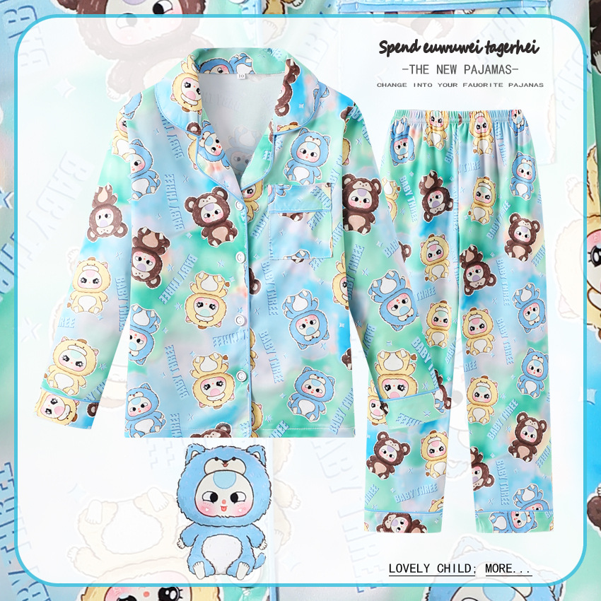 Southeast Asia Children's Pajamas Autumn Women's Thin Long-sleeved Boys Button Air-conditioning Clothes Men's Big Children's Home Clothes suit Outer Wear