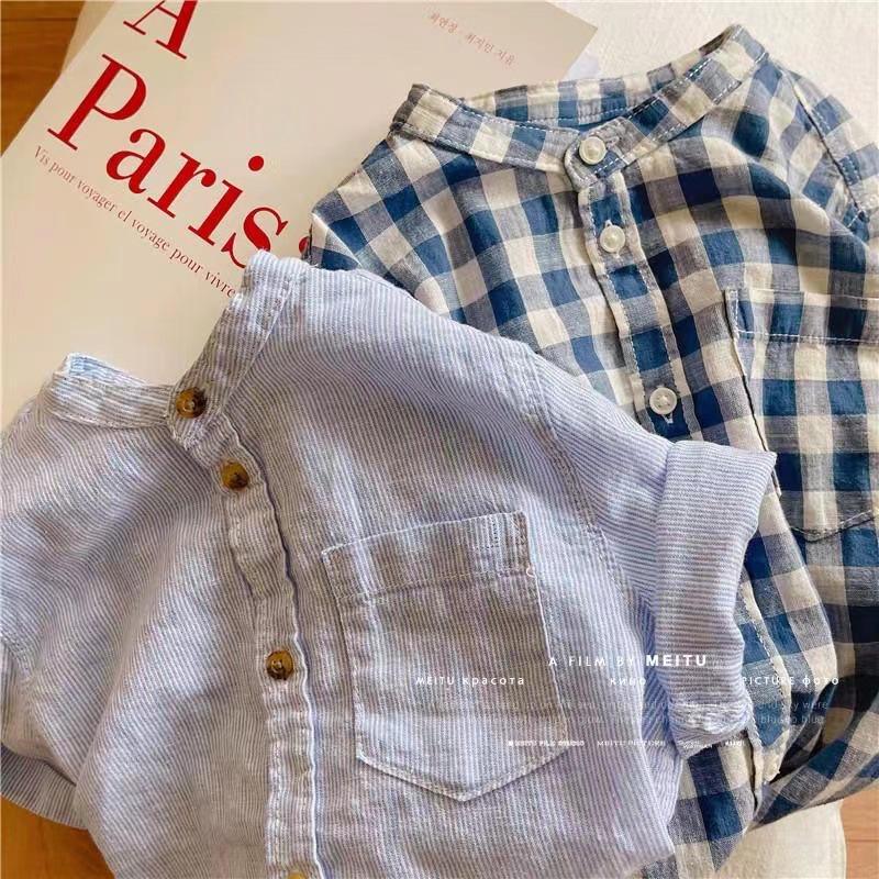 Children's Shirt 2024 Summer New Boys and Girls Plaid Casual Striped Washed Cotton Shirt Stand Collar Short-sleeved Shirt Trendy