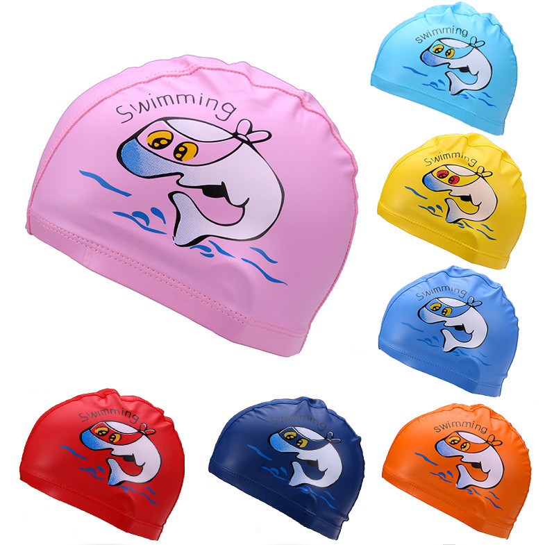 Manufacturers wholesale children's cartoon swimming cap waterproof ear protection Pu coated cap boys and girls large swimming cap