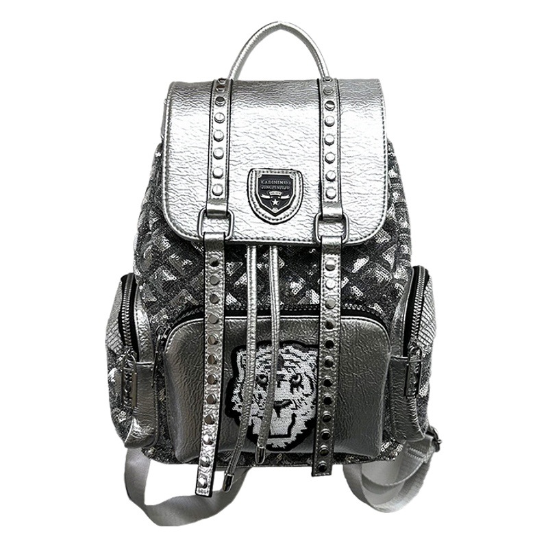 Sequin Backpack Women's 2025 New Trendy Personalized Easiest for Match Backpack British Style Drawstring Soft Leather Internet Celebrity Travel Bag