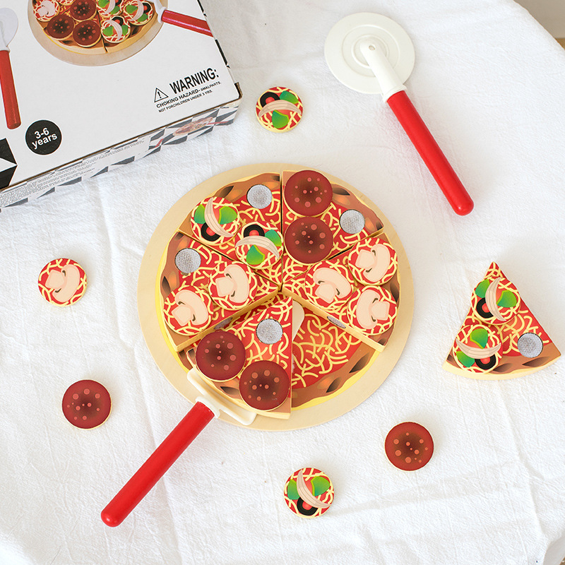 Picture of Wooden simulation pizza cut to see children play house kitchen toys boys and girls food cut to joy birthday gift
