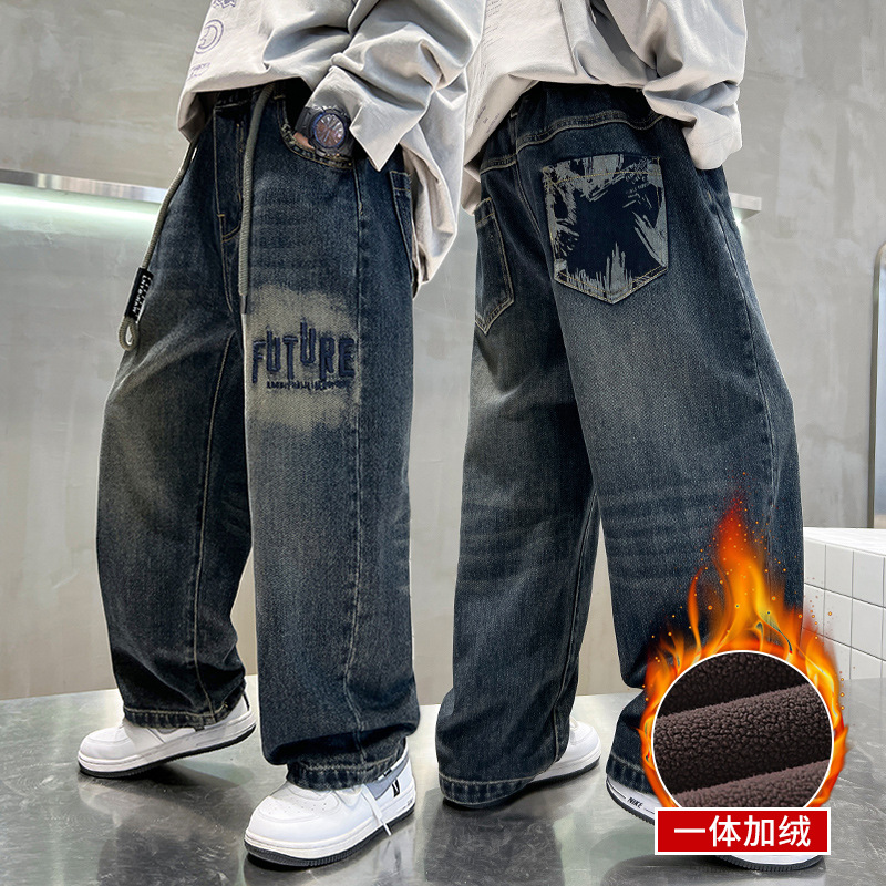 Picture of Boys' Pants Autumn and Winter 2025 New Style for Older Children, Boys' Winter Casual Pants, Children's Fleece-Lined Thickened Jeans