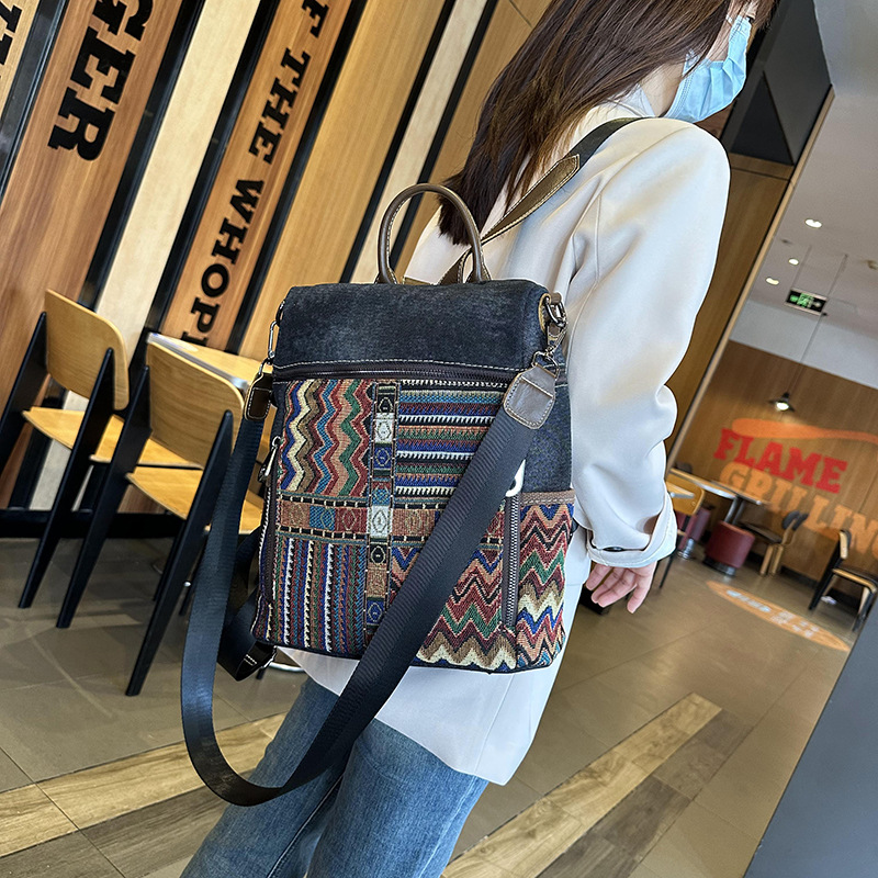 Picture of Vintage Ethnic Style Backpack Women's 2025 New Large Capacity Denim Bag Contrast Embroidered Dual-purpose Shoulder Bag