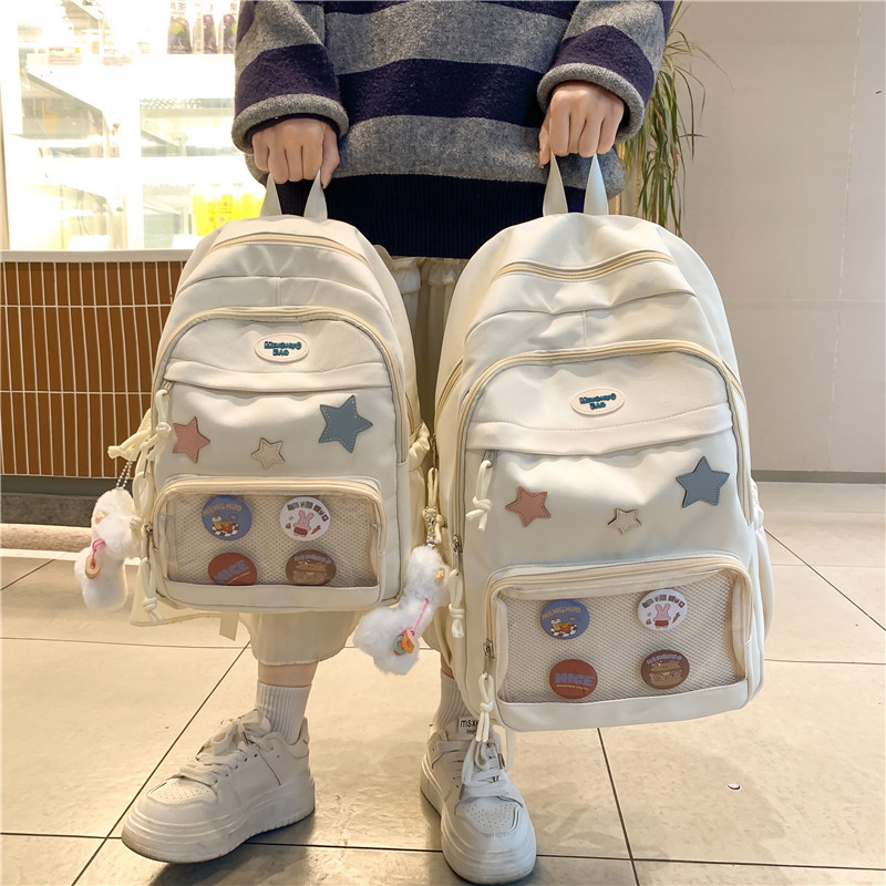 Ins Transparent Badge Casual Backpack Large Capacity All-match College Style School Bag Cute Commuter Backpack