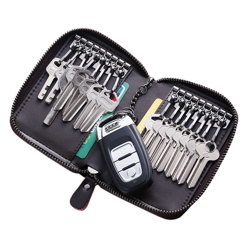 Two-layer Cowhide Car Key Bag Men's Large Capacity Zipper Bag Women's Waist Hanging Key Bag Fashionable Card Bag Driver's License