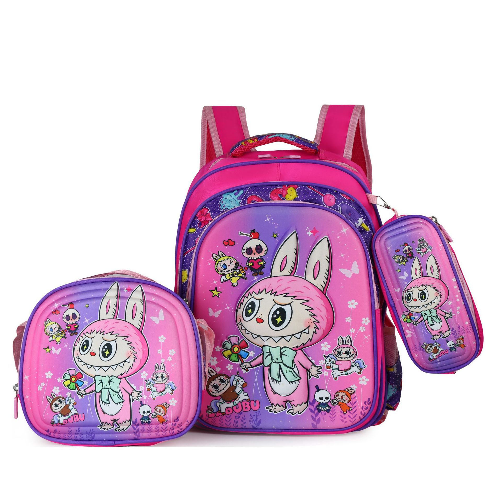 Picture of Cross-border three-piece children's schoolbag 16-inch sleeved pull rod large capacity 3D hard shell labubu kindergarten schoolbag