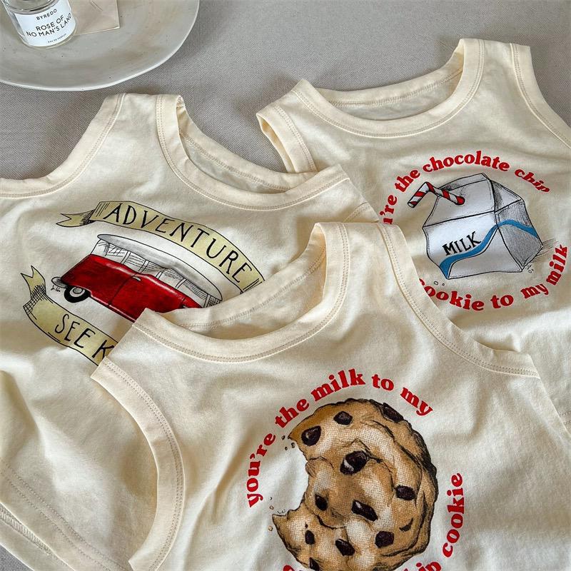 Children's Summer Pure Cotton Vest for Small and Medium-sized Kidsren, Boys and Girls, Thin Sleeveless Top, Cartoon Printed Loose Sweatshirt