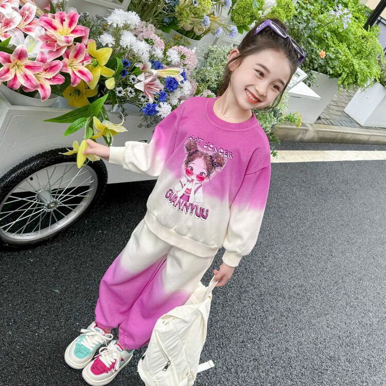 Picture of Girls Casual Gradient Suit Baby Girl Cartoon Sweatshirt Spring Autumn Winter Clothing Little Girl Fashionable Two-Piece Set Trendy Ready Stock