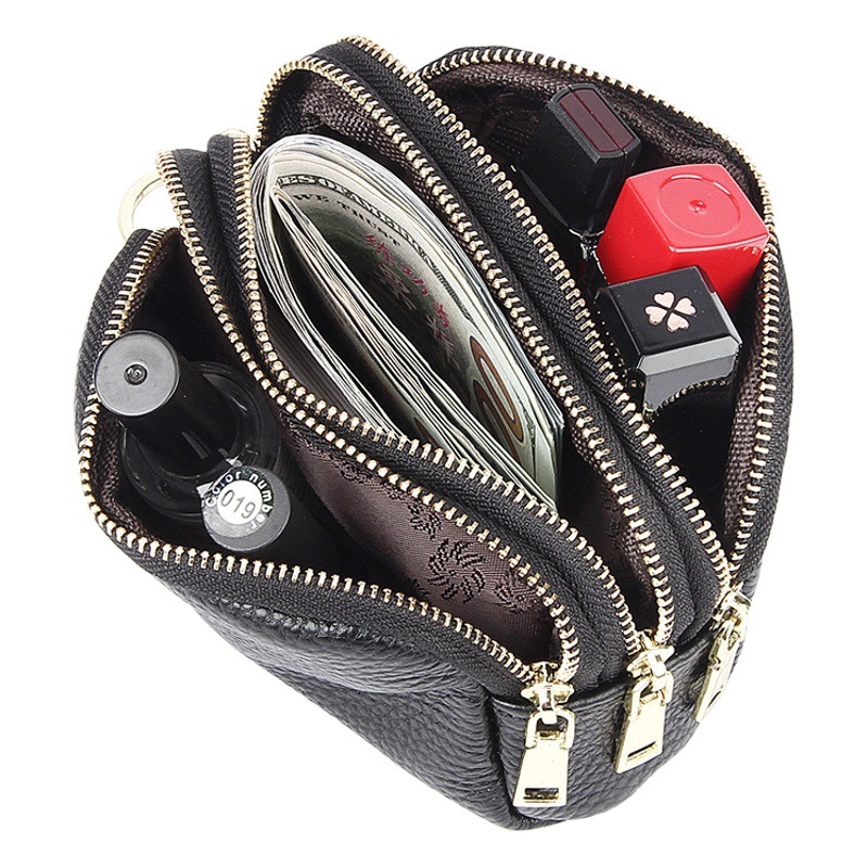 European and American First-Layer Cowhide Simple and Fashionable Mini Clutch Bag Three-Zip Coin Bag Key Coin Purse Genuine Leather