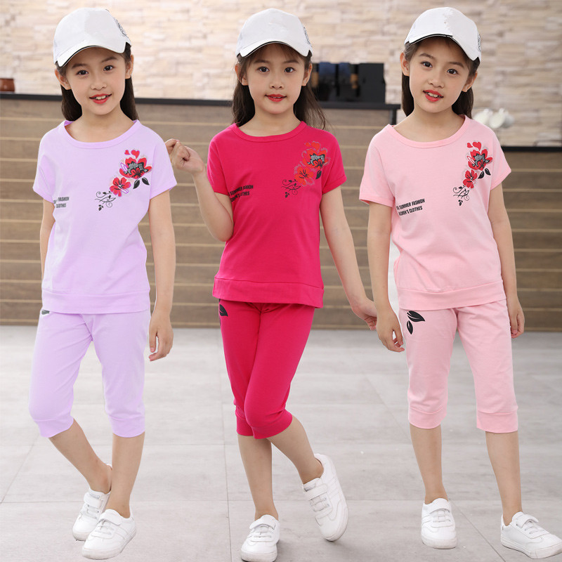 Girls' summer cotton two-piece suit medium and big children's little girl's clothes leisure sports suit children's short-sleeved children's clothing summer