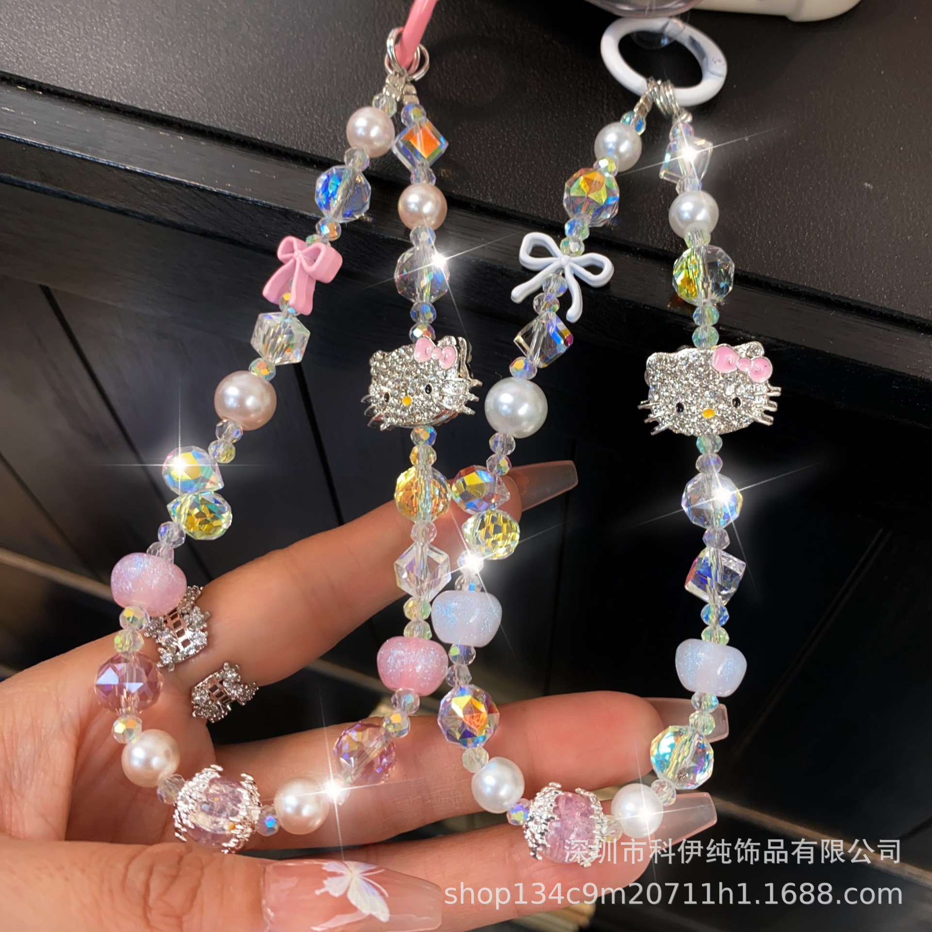 Sweet Diamond-encrusted Cat Bow Mobile Phone Chain Ins Style Crystal Pearl Beaded Bag Keychain Mobile Phone Lanyard