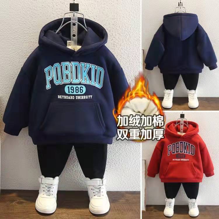 Picture of Children's Winter Clothing for Boys, Hooded Sweatshirt with Fleece, Thickened Winter Outfit for Toddlers and Young Children, Integrated Fleece Top, Children's Warm Jacket