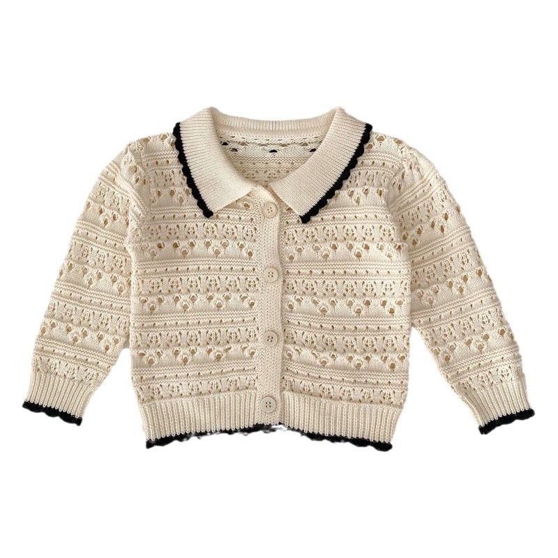 2024 Spring Girls Baby Style Long Sleeve Cardigan Infant and Toddler Small Fragrance Lapel Knitted Hollow Sweater Jacket