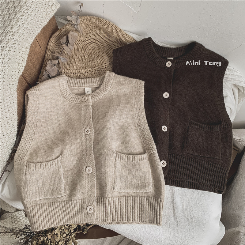 Mori Style Simple Children's Wear Children's Knitted Vest Solid Color All-Match Boys' and Childhood Sweater Cardigan Spring and Autumn Fashion
