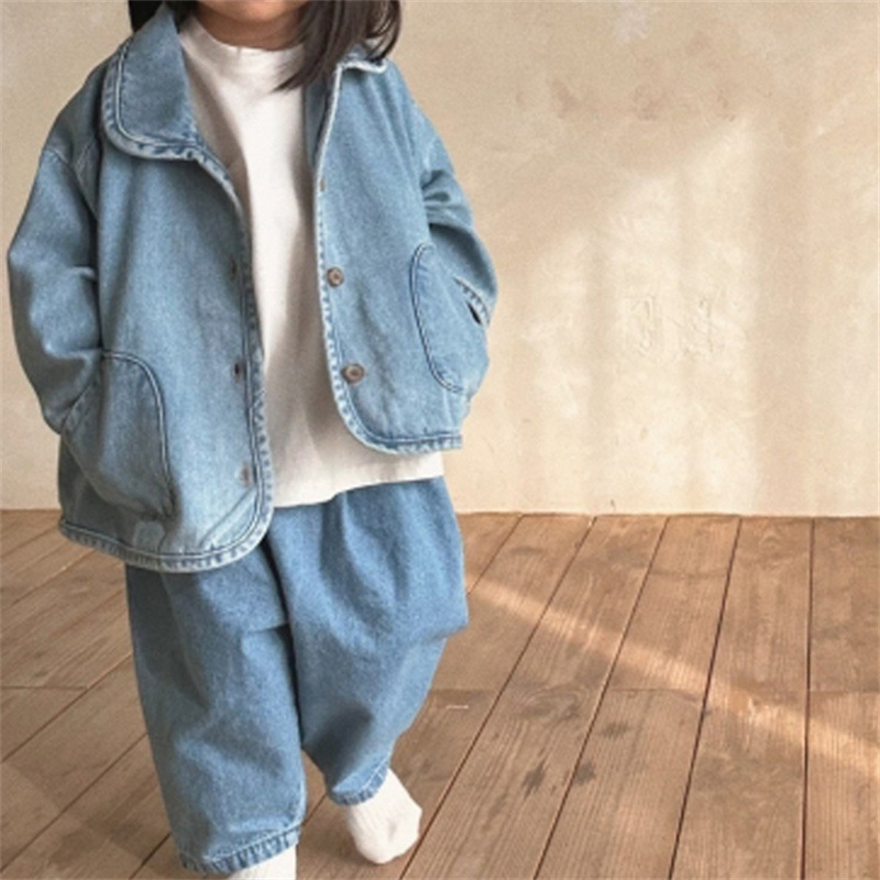 2024 Children's Wear Korean Style Ins Boys and Girls Autumn Coat Children's Korean Style Lap Pocket Denim Jacket