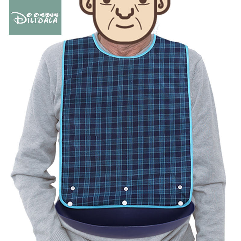 Picture of Adult Pure Cotton Plaid Bib Dining Bib Adult Double-Sided Food Bucket Elderly Adult Slippery Bucket Waterproof