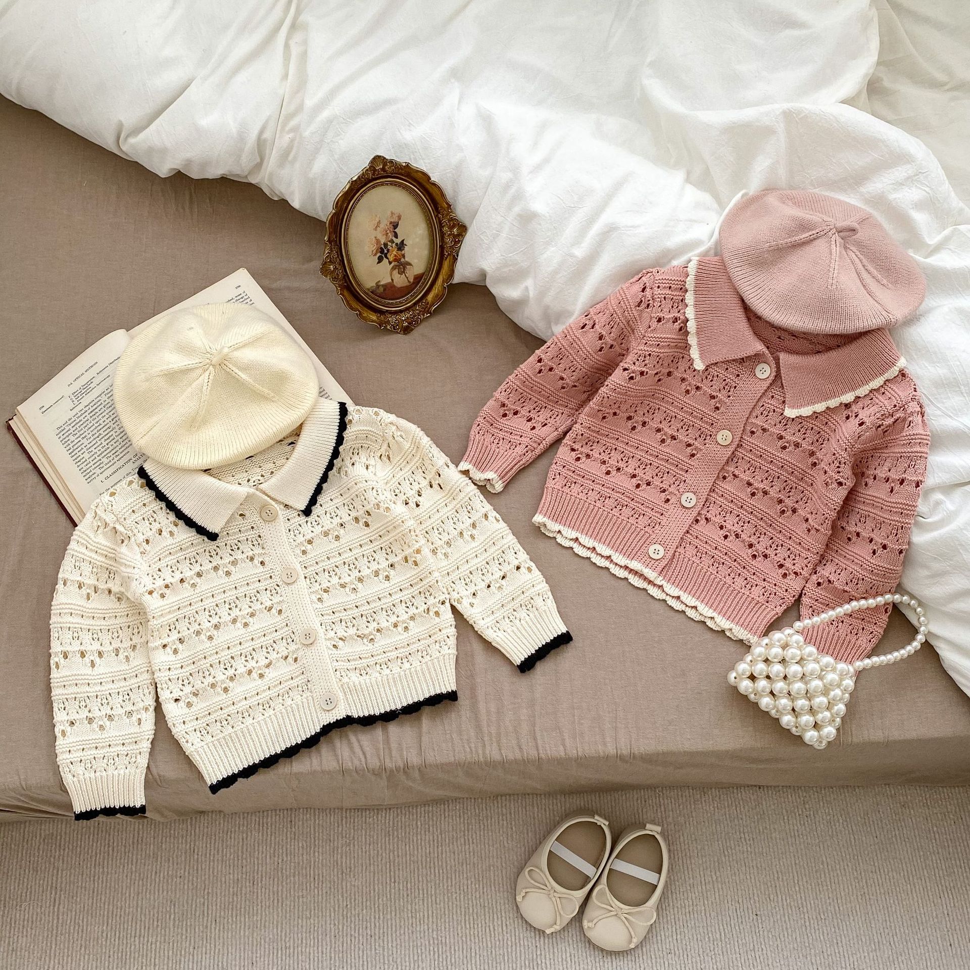 Picture of 2024 Spring Girls Baby Style Long Sleeve Cardigan Infant and Toddler Small Fragrance Lapel Knitted Hollow Sweater Jacket